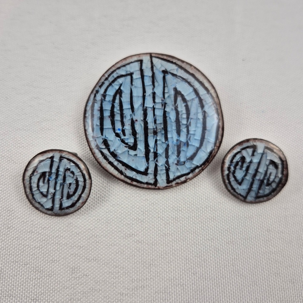 VTG Alice Lund Denmark Blue Enamel Modernist Brooch Earrings Set Nordic MCM